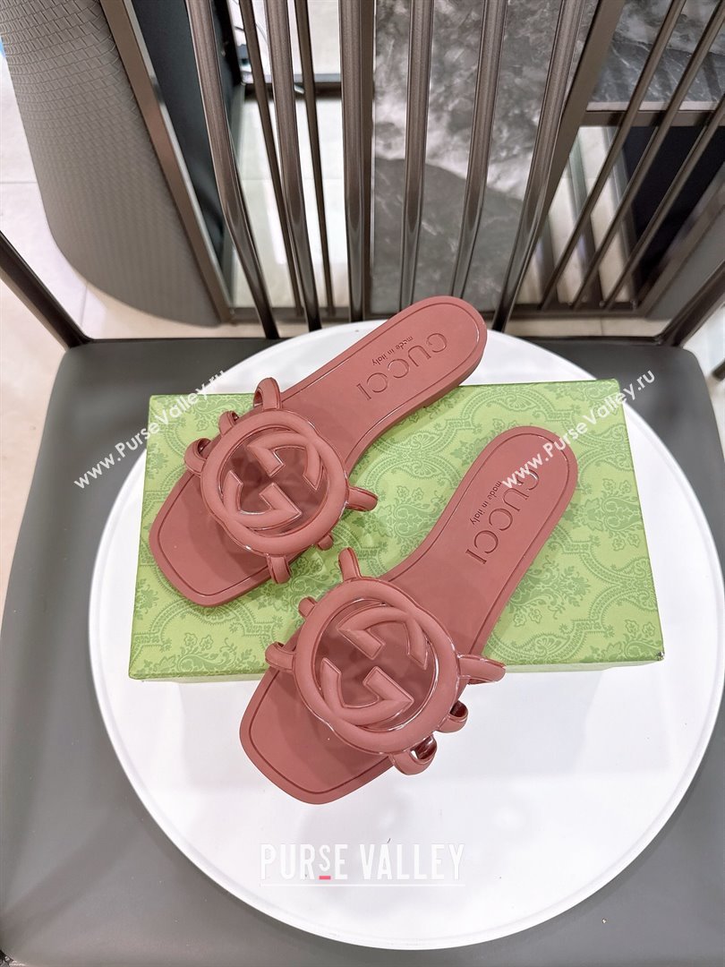 Gucci Interlocking G Flat Slides Sandal in Shiny TPU Brown 2025 780307 (GDX-250711134)