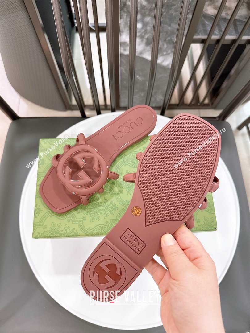 Gucci Interlocking G Flat Slides Sandal in Shiny TPU Brown 2025 780307 (GDX-250711134)