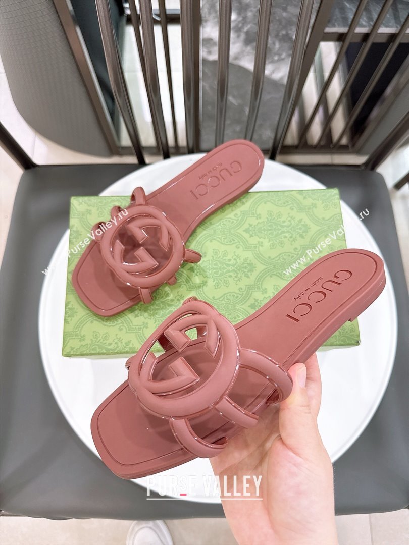 Gucci Interlocking G Flat Slides Sandal in Shiny TPU Brown 2025 780307 (GDX-250711134)