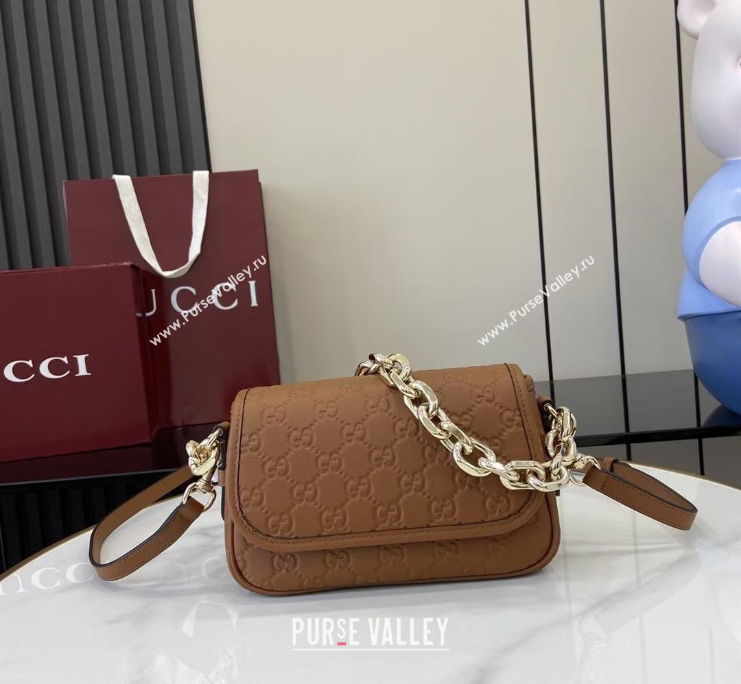 Gucci GG Emblem Leather Small Shoulder Bag with Chain Brown 2025 847448 (XLU-250807067)