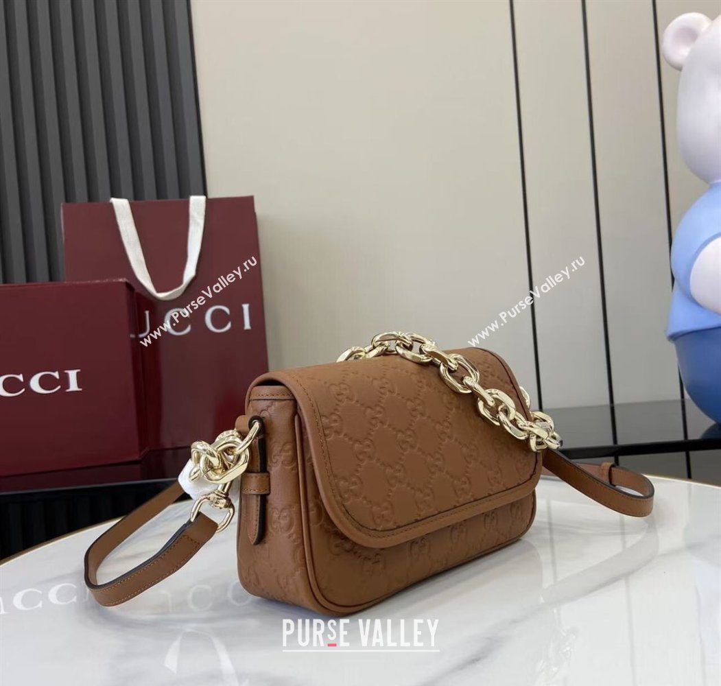 Gucci GG Emblem Leather Small Shoulder Bag with Chain Brown 2025 847448 (XLU-250807067)