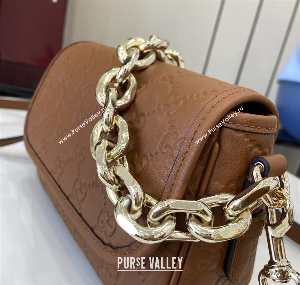 Gucci GG Emblem Leather Small Shoulder Bag with Chain Brown 2025 847448 (XLU-250807067)