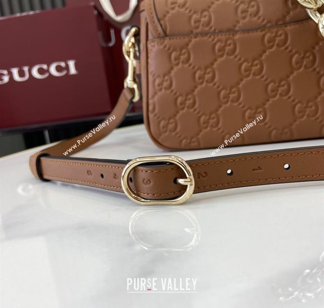 Gucci GG Emblem Leather Small Shoulder Bag with Chain Brown 2025 847448 (XLU-250807067)