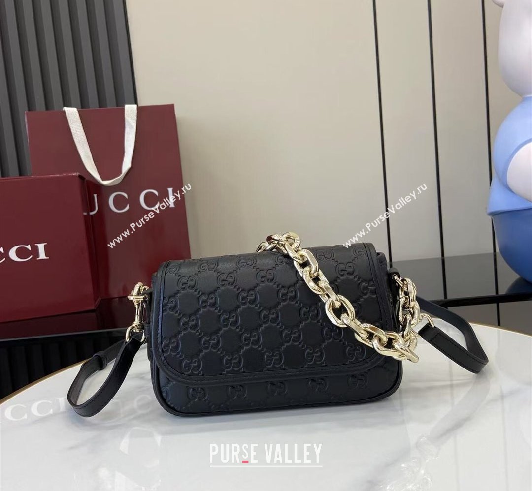 Gucci GG Emblem Leather Small Shoulder Bag with Chain Black 2025 847448 (XLU-250807068)