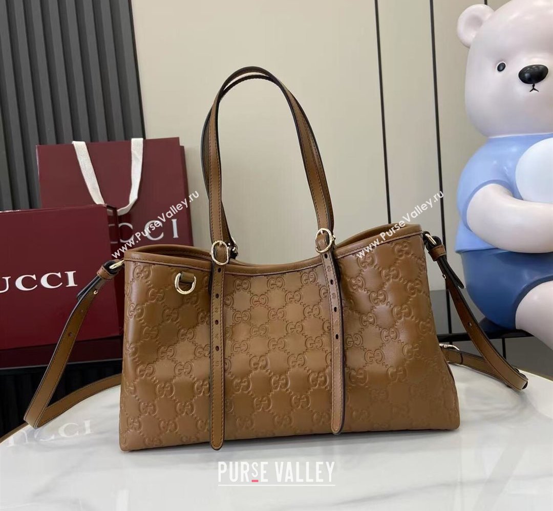 Gucci GG Leather Emblem Medium Tote Bag Brown 2025 815214 (XLU-250807070)