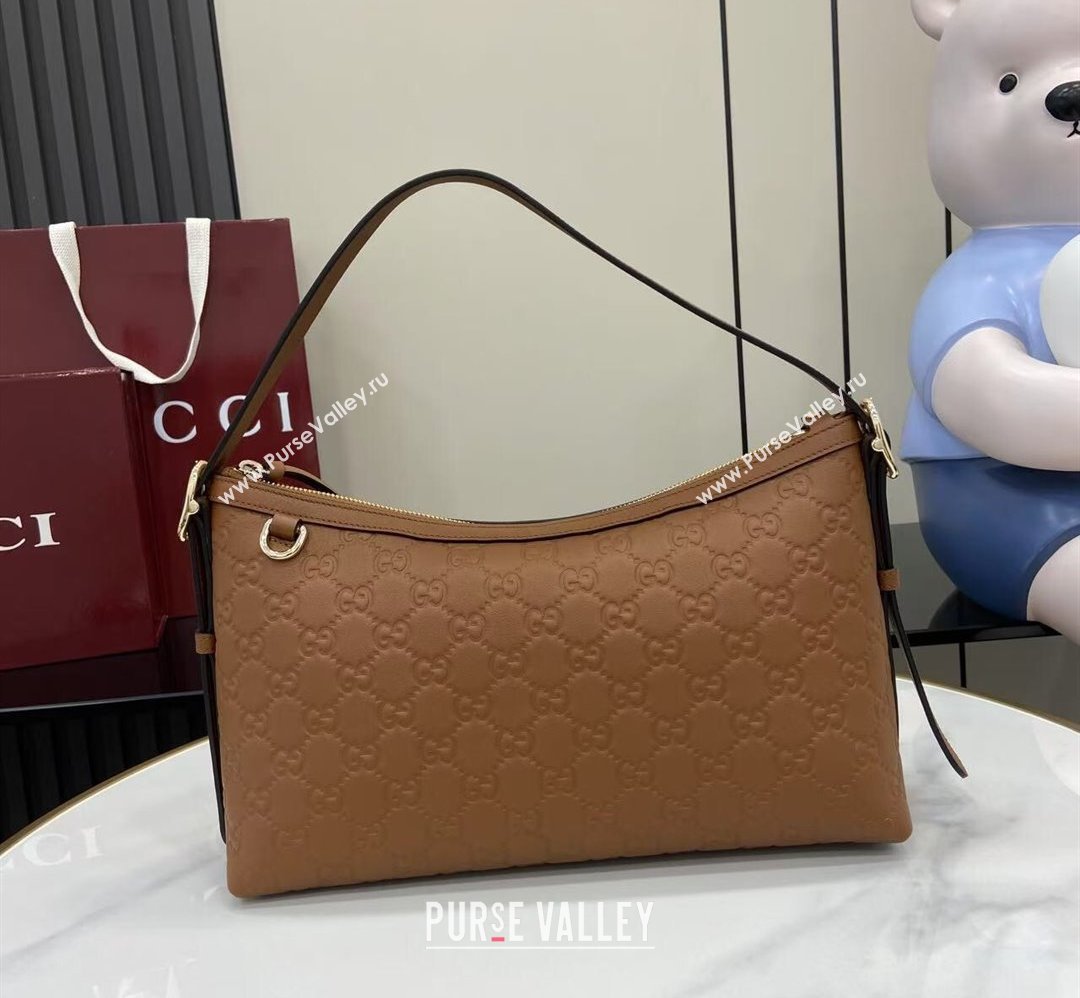 Gucci GG Emblem Leather Medium Shoulder Bag Brown 2025 847449 (XLU-250807059)