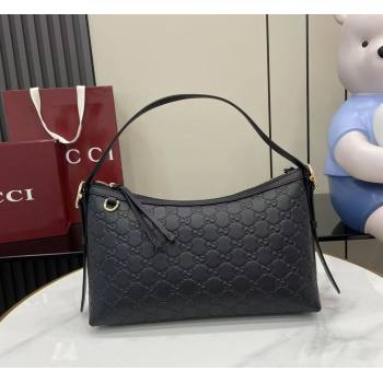 Gucci GG Emblem Leather Medium Shoulder Bag Black 2025 847449 (XLU-250807060)