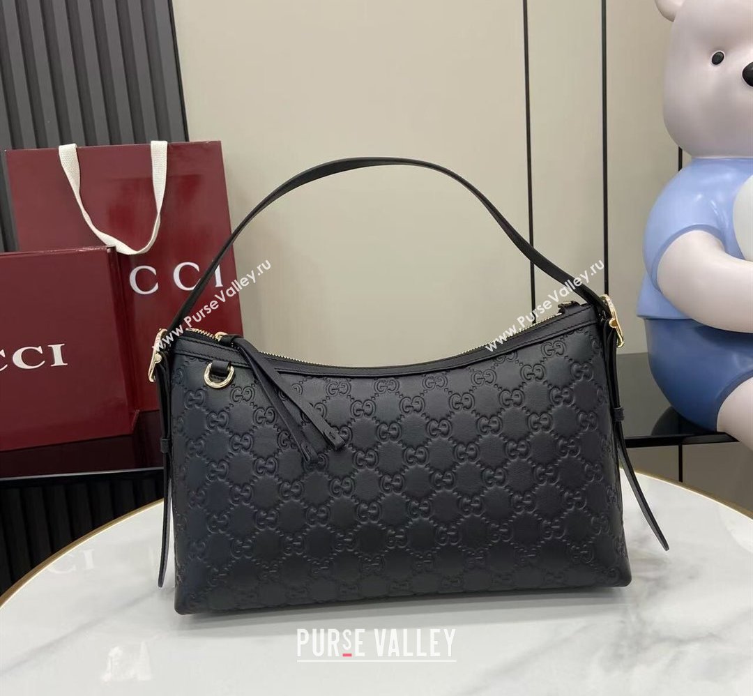 Gucci GG Emblem Leather Medium Shoulder Bag Black 2025 847449 (XLU-250807060)