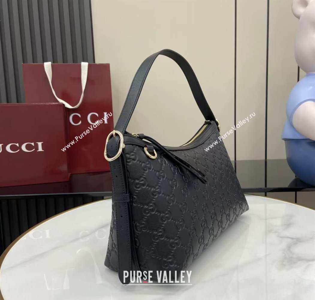Gucci GG Emblem Leather Medium Shoulder Bag Black 2025 847449 (XLU-250807060)