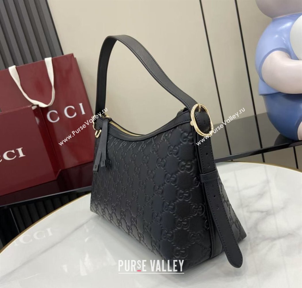 Gucci GG Emblem Leather Medium Shoulder Bag Black 2025 847449 (XLU-250807060)