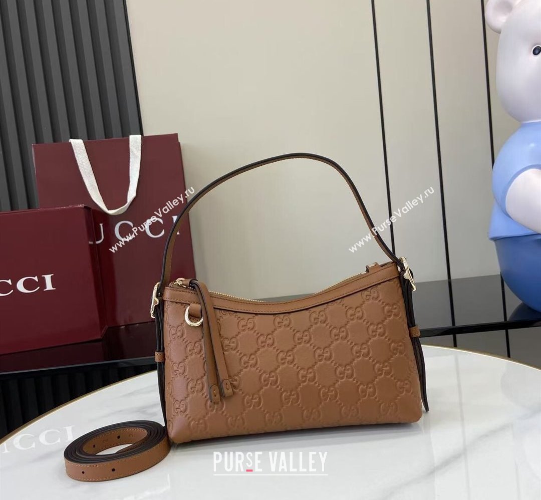 Gucci GG Emblem Leather Small Shoulder Bag Brown 2025 847450 (XLU-250807064)