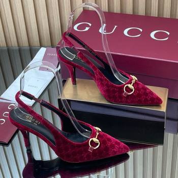 Gucci GG Velvet Slingback Pumps 8.5cm with Horsebit Red 2025 ‎835978 (MD-250828067)