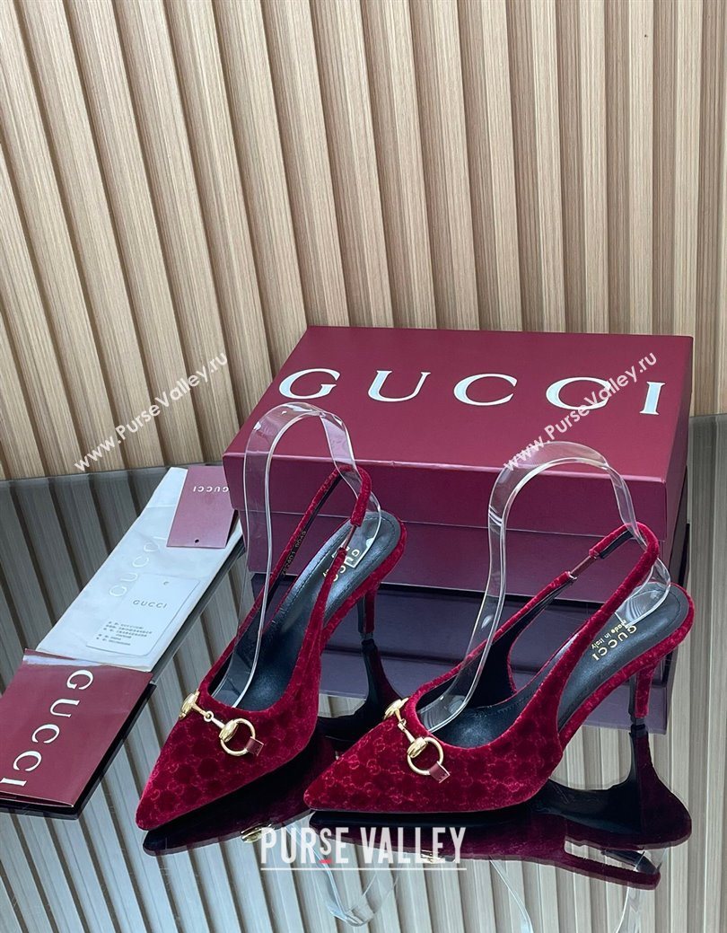 Gucci GG Velvet Slingback Pumps 8.5cm with Horsebit Red 2025 ‎835978 (MD-250828067)