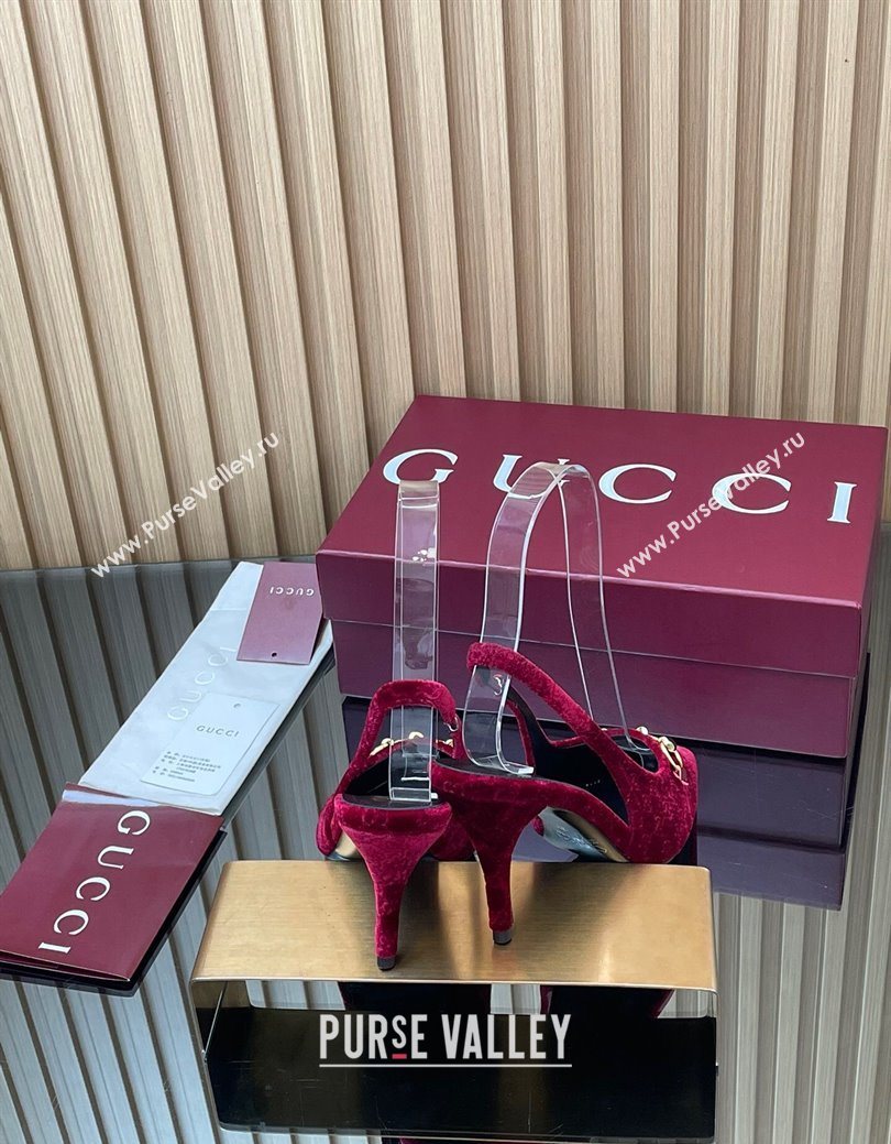 Gucci GG Velvet Slingback Pumps 8.5cm with Horsebit Red 2025 ‎835978 (MD-250828067)