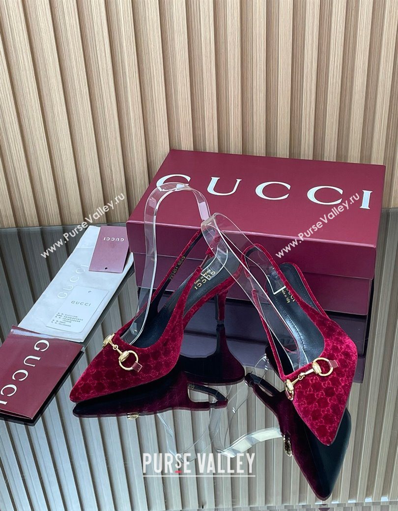 Gucci GG Velvet Slingback Pumps 8.5cm with Horsebit Red 2025 ‎835978 (MD-250828067)