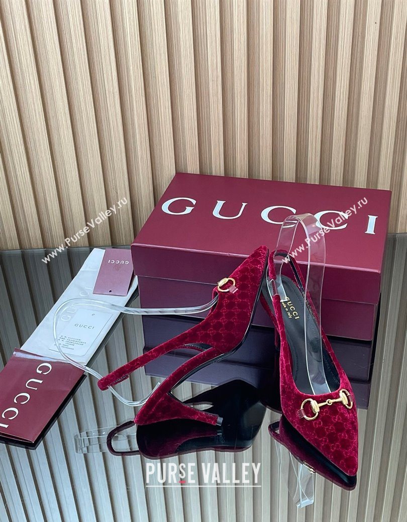 Gucci GG Velvet Slingback Pumps 8.5cm with Horsebit Red 2025 ‎835978 (MD-250828067)