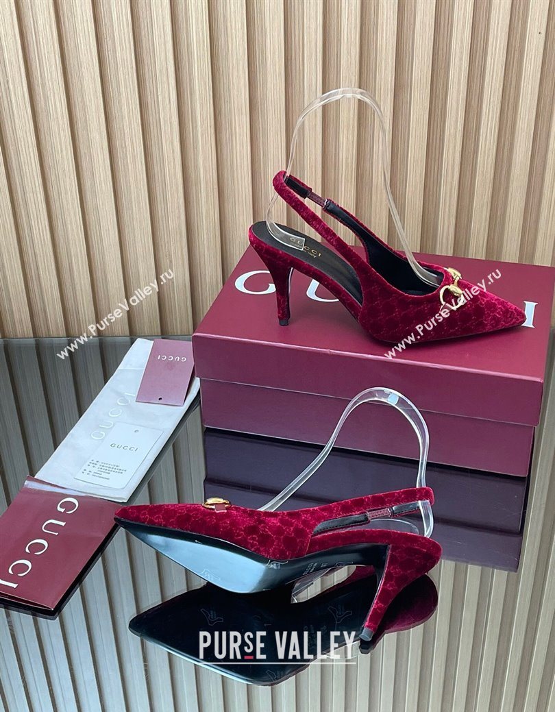 Gucci GG Velvet Slingback Pumps 8.5cm with Horsebit Red 2025 ‎835978 (MD-250828067)