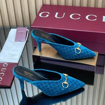 Gucci GG Velvet Heel Mules 8.5cm with Horsebit Blue 2025 ‎835739 (MD-250828061)