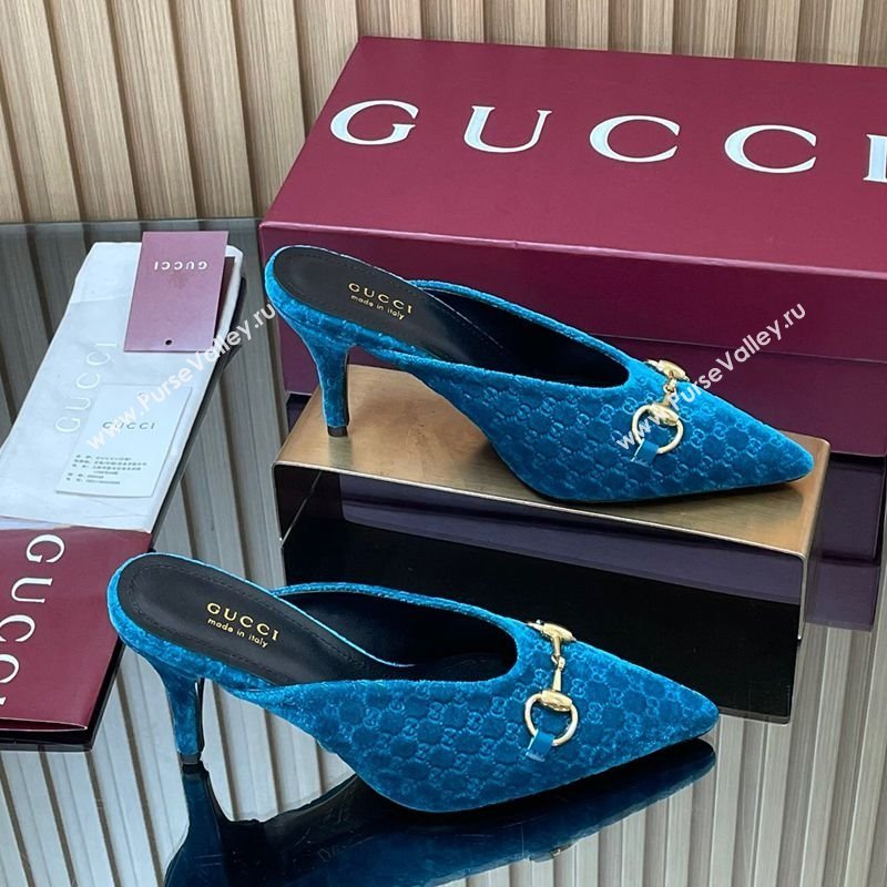 Gucci GG Velvet Heel Mules 8.5cm with Horsebit Blue 2025 ‎835739 (MD-250828061)