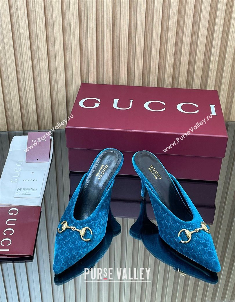 Gucci GG Velvet Heel Mules 8.5cm with Horsebit Blue 2025 ‎835739 (MD-250828061)