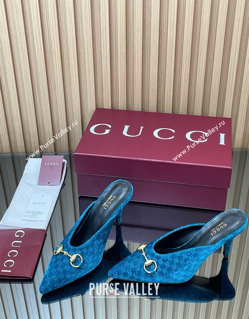 Gucci GG Velvet Heel Mules 8.5cm with Horsebit Blue 2025 ‎835739 (MD-250828061)