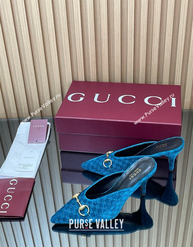 Gucci GG Velvet Heel Mules 8.5cm with Horsebit Blue 2025 ‎835739 (MD-250828061)