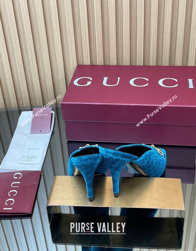 Gucci GG Velvet Heel Mules 8.5cm with Horsebit Blue 2025 ‎835739 (MD-250828061)