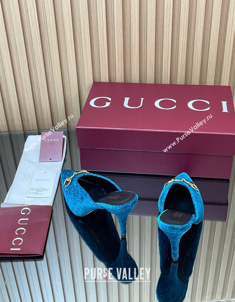 Gucci GG Velvet Heel Mules 8.5cm with Horsebit Blue 2025 ‎835739 (MD-250828061)
