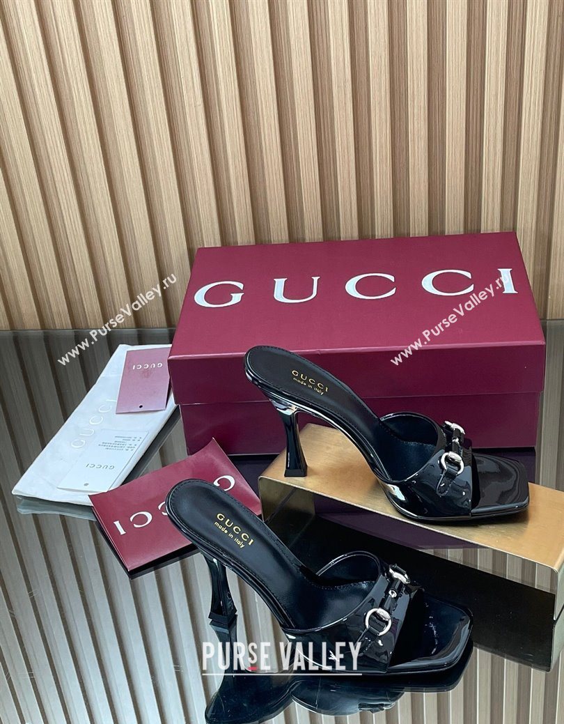 Gucci Patent Leather Heel Slides Sandal 9.5cm with Horsebit Black 2025 832468 (SS-250828136)