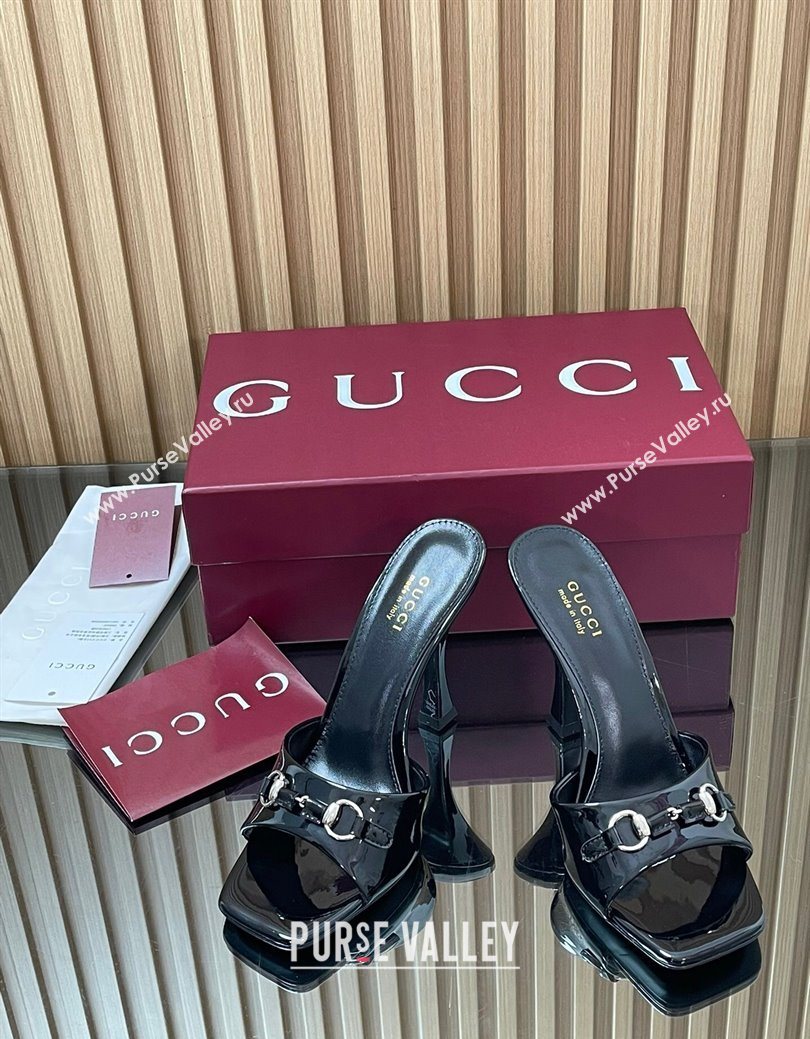 Gucci Patent Leather Heel Slides Sandal 9.5cm with Horsebit Black 2025 832468 (SS-250828136)