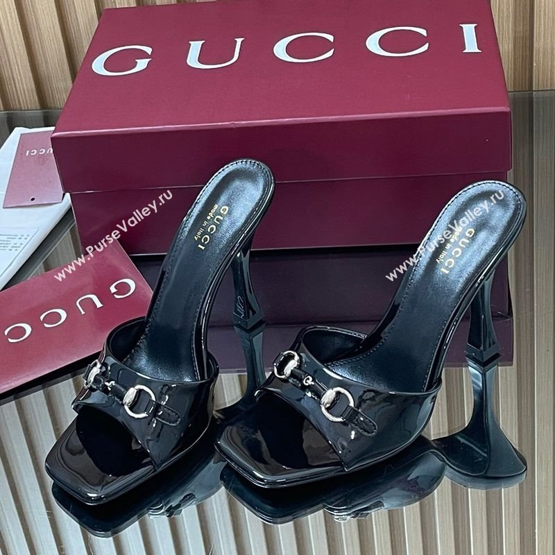 Gucci Patent Leather Heel Slides Sandal 9.5cm with Horsebit Black 2025 832468 (SS-250828136)