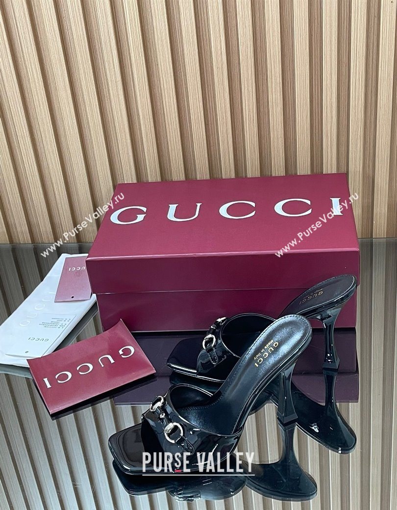 Gucci Patent Leather Heel Slides Sandal 9.5cm with Horsebit Black 2025 832468 (SS-250828136)