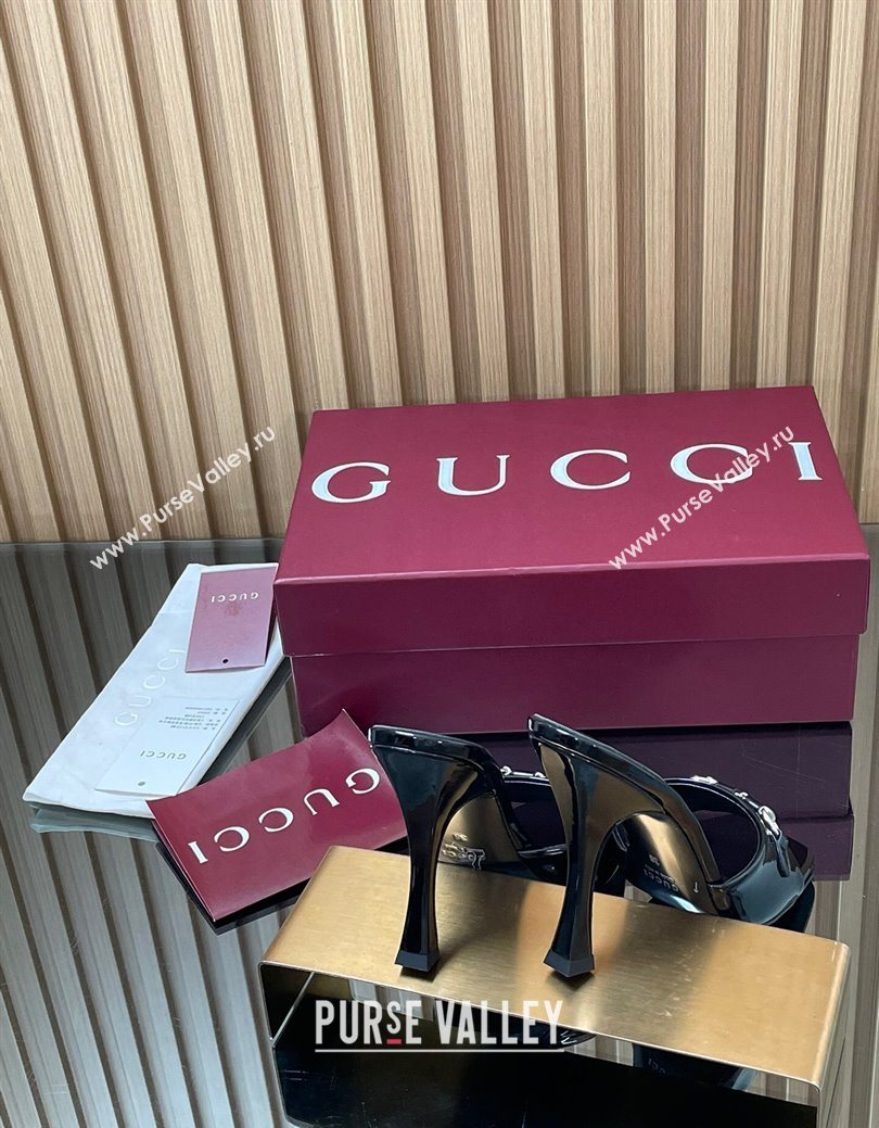 Gucci Patent Leather Heel Slides Sandal 9.5cm with Horsebit Black 2025 832468 (SS-250828136)