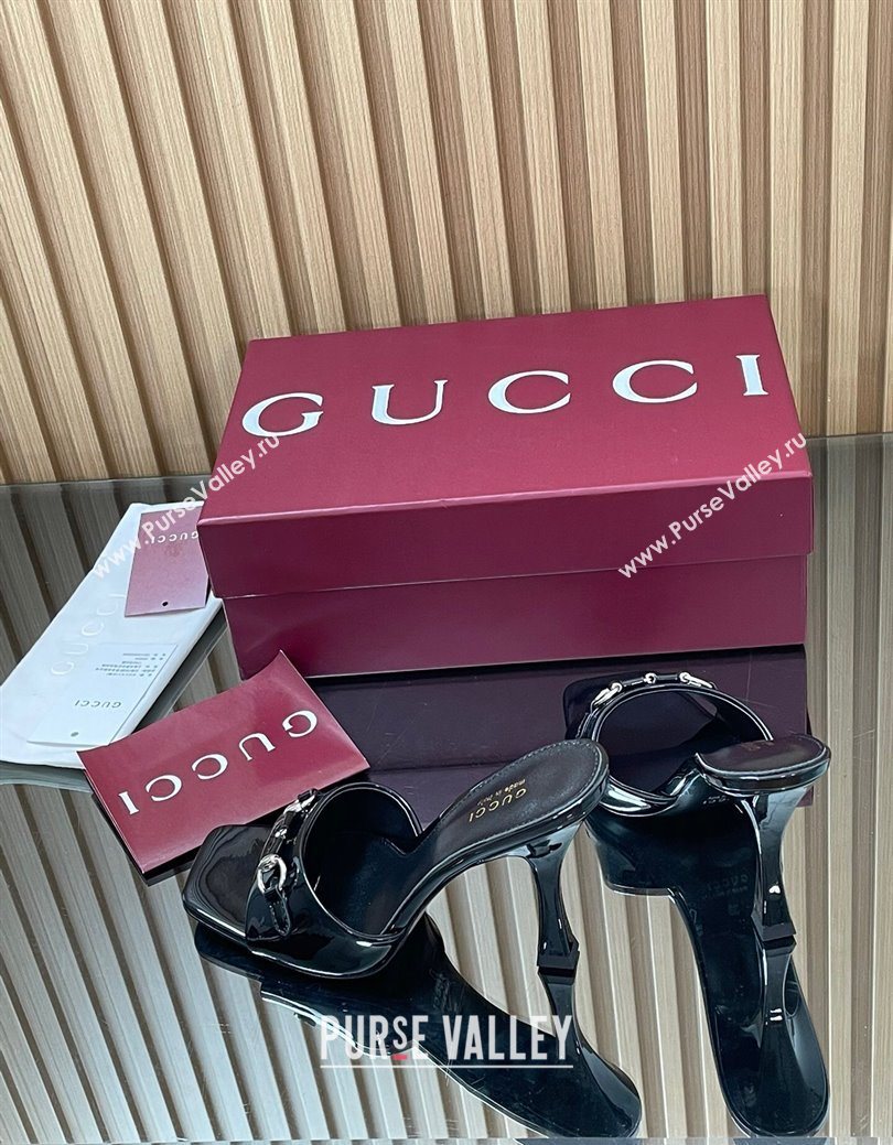 Gucci Patent Leather Heel Slides Sandal 9.5cm with Horsebit Black 2025 832468 (SS-250828136)