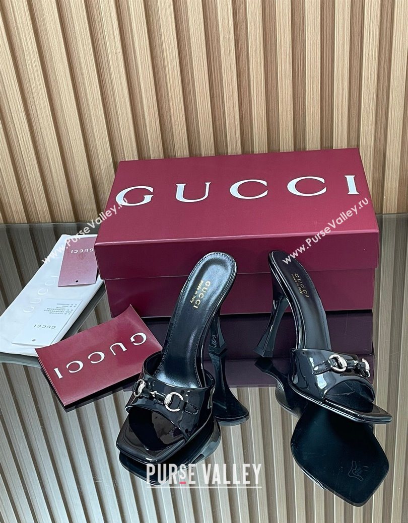 Gucci Patent Leather Heel Slides Sandal 9.5cm with Horsebit Black 2025 832468 (SS-250828136)