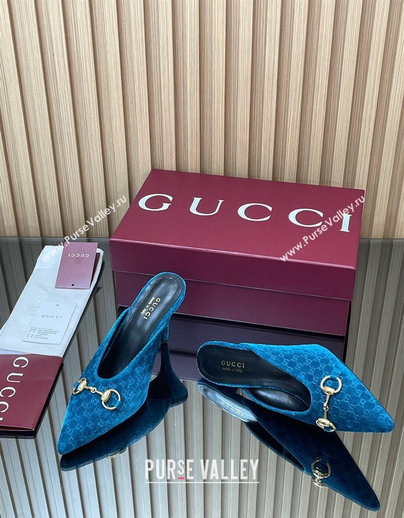 Gucci GG Velvet Heel Mules 8.5cm with Horsebit Blue 2025 ‎835739 (MD-250828061)