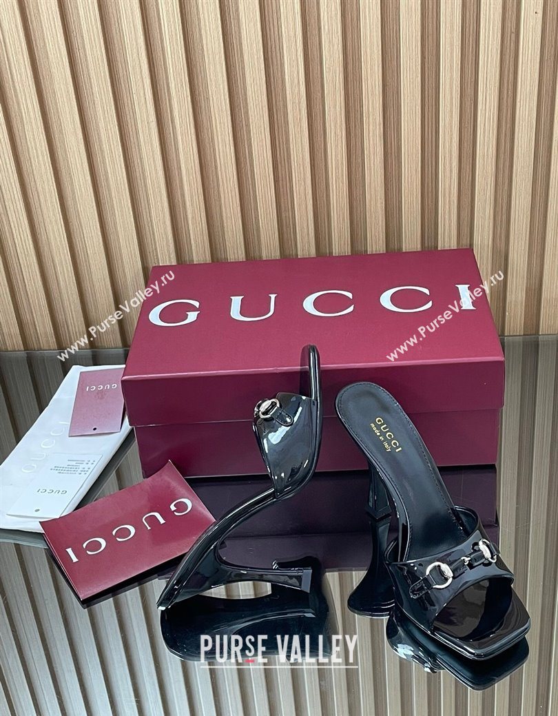Gucci Patent Leather Heel Slides Sandal 9.5cm with Horsebit Black 2025 832468 (SS-250828136)
