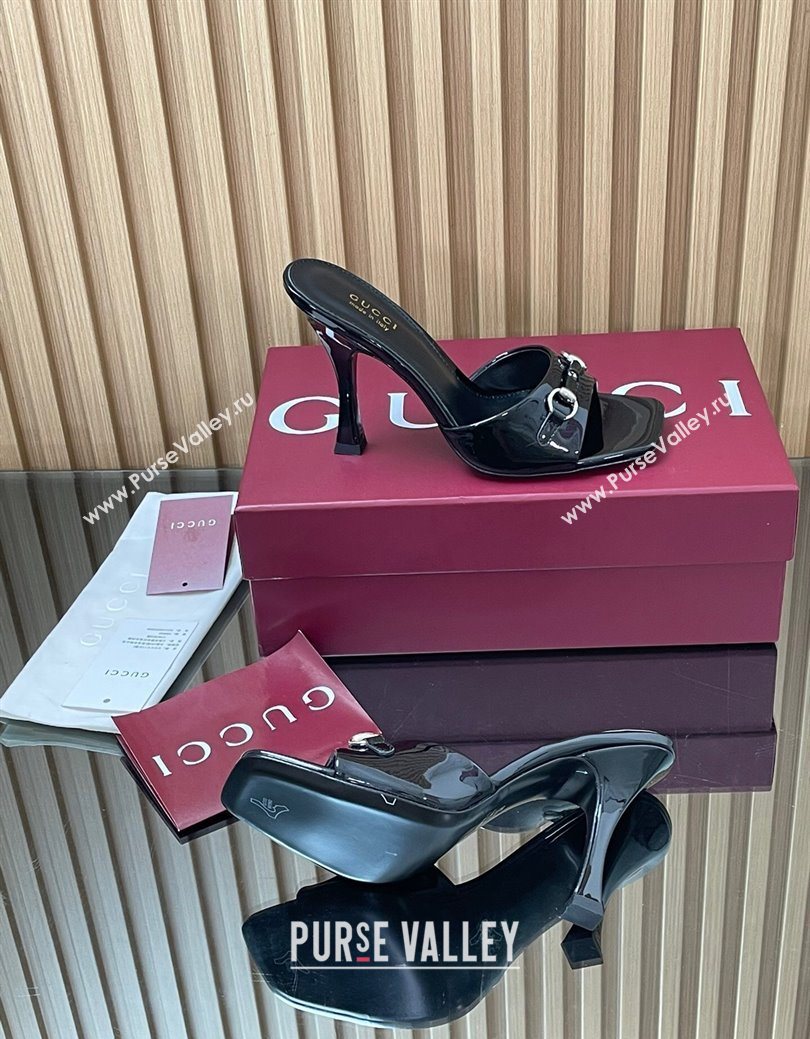 Gucci Patent Leather Heel Slides Sandal 9.5cm with Horsebit Black 2025 832468 (SS-250828136)