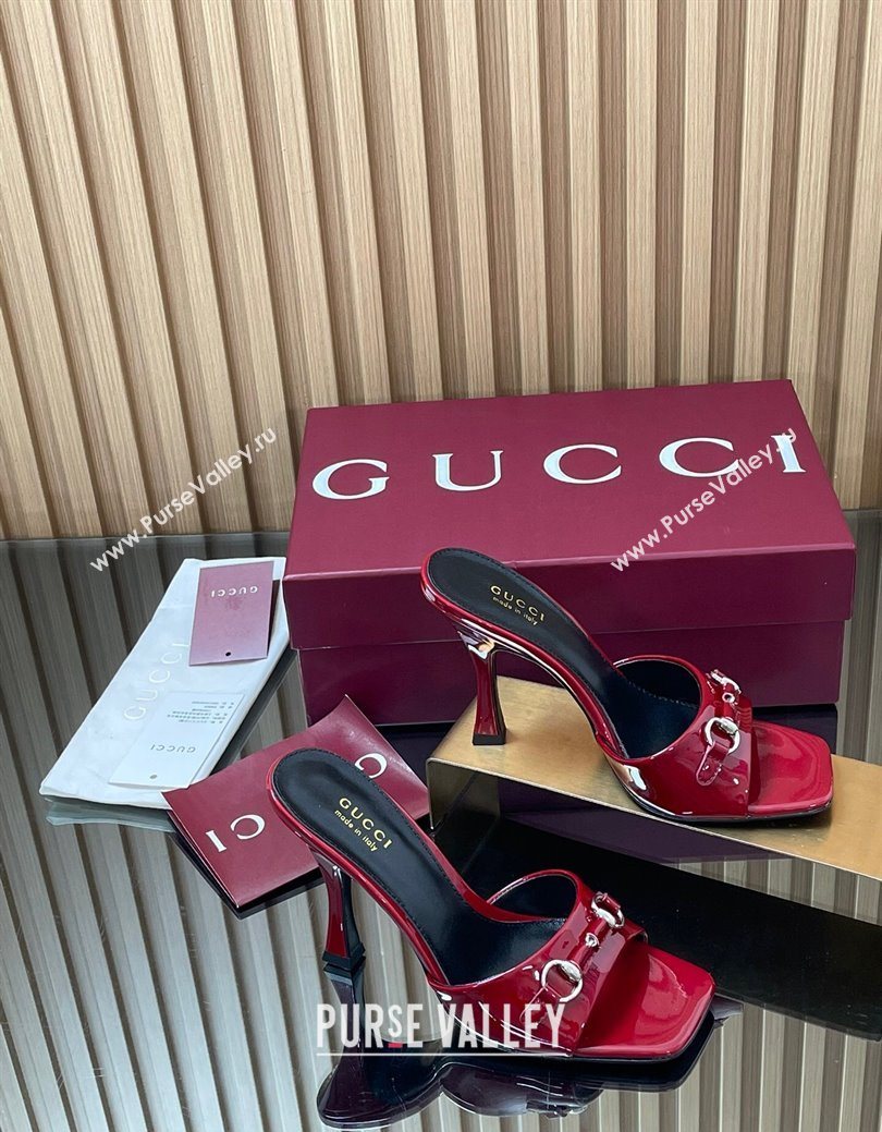 Gucci Patent Leather Heel Slides Sandal 9.5cm with Horsebit Ancora Red 2025 832468 (SS-250828137)