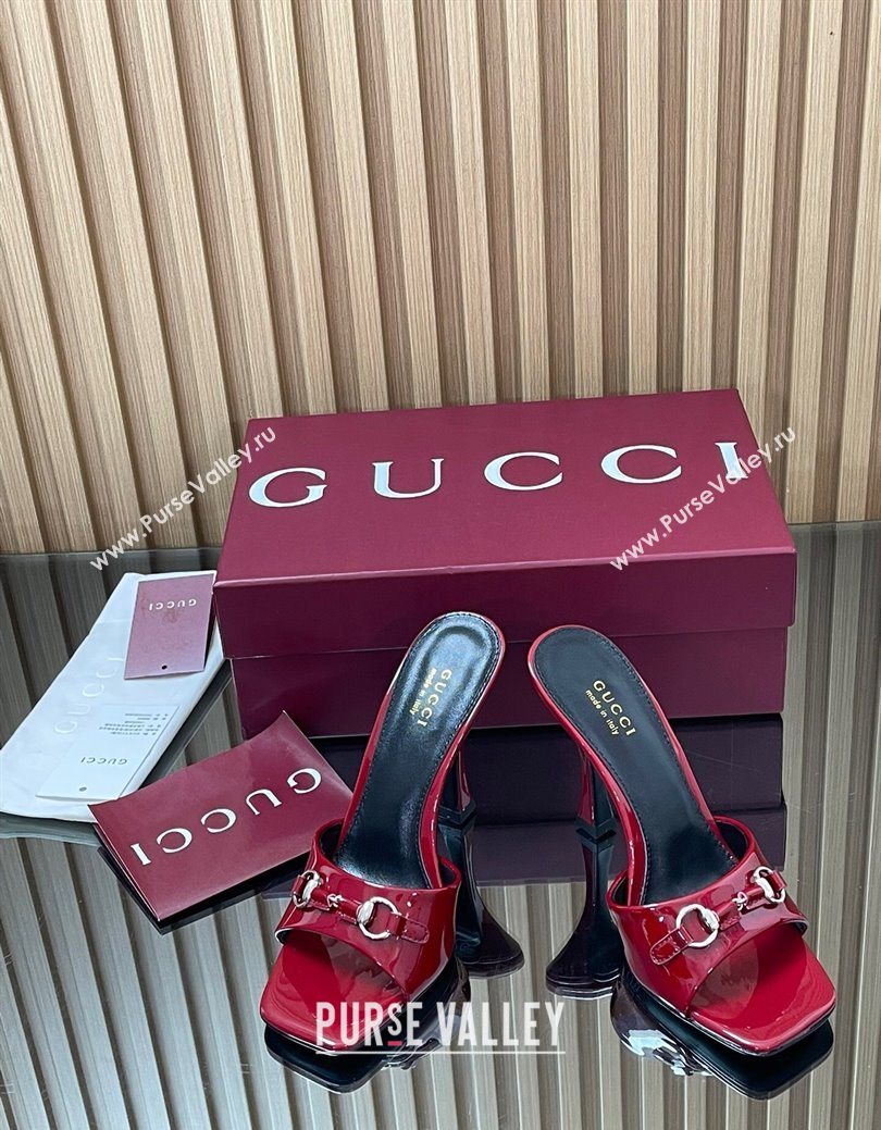 Gucci Patent Leather Heel Slides Sandal 9.5cm with Horsebit Ancora Red 2025 832468 (SS-250828137)