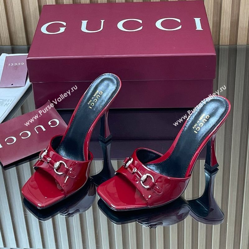 Gucci Patent Leather Heel Slides Sandal 9.5cm with Horsebit Ancora Red 2025 832468 (SS-250828137)