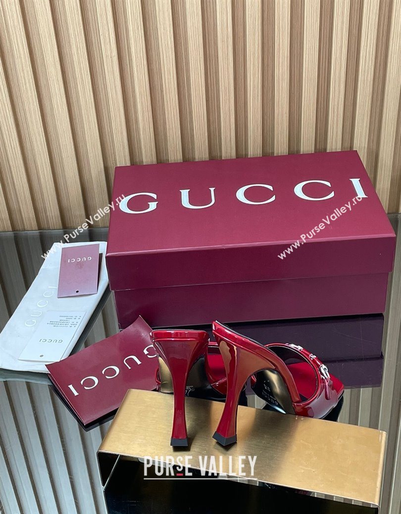Gucci Patent Leather Heel Slides Sandal 9.5cm with Horsebit Ancora Red 2025 832468 (SS-250828137)