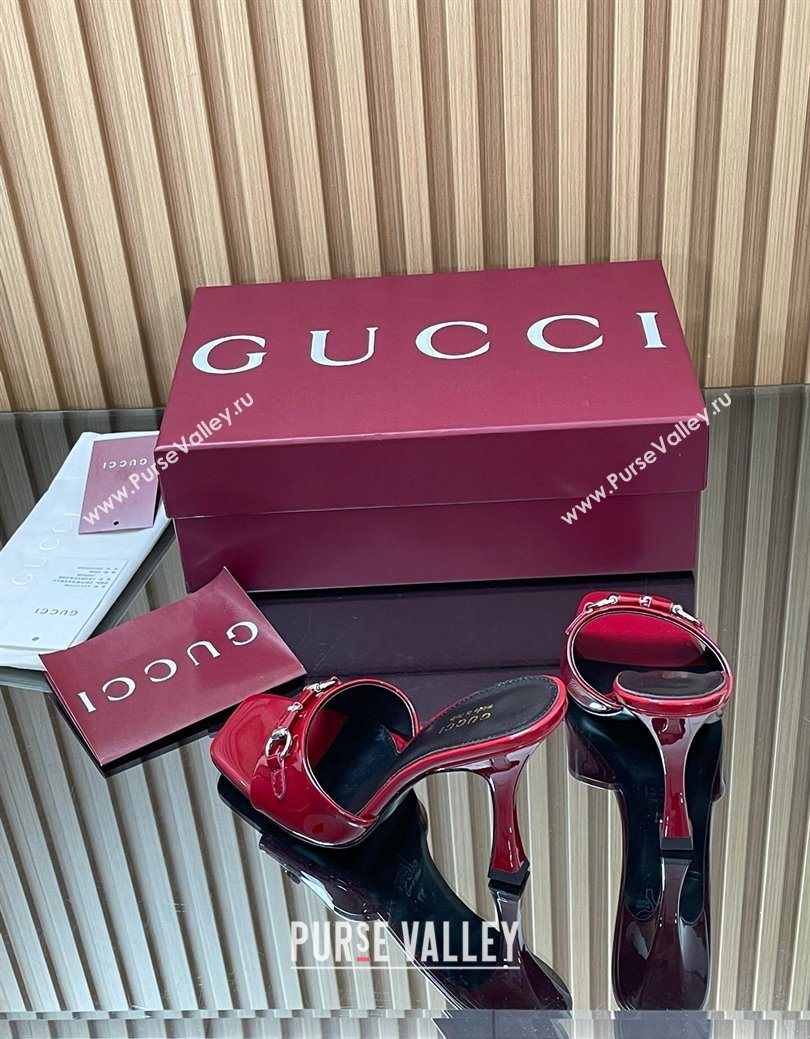 Gucci Patent Leather Heel Slides Sandal 9.5cm with Horsebit Ancora Red 2025 832468 (SS-250828137)