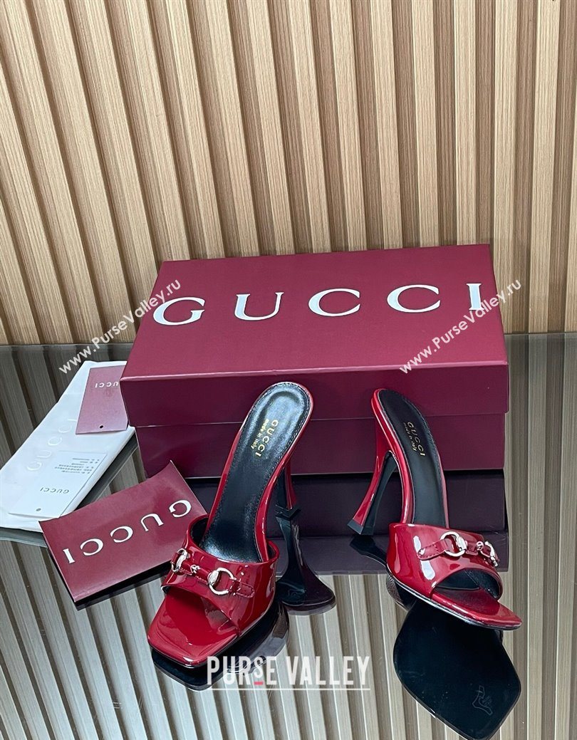 Gucci Patent Leather Heel Slides Sandal 9.5cm with Horsebit Ancora Red 2025 832468 (SS-250828137)