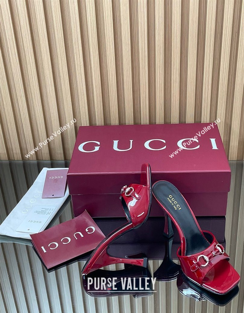 Gucci Patent Leather Heel Slides Sandal 9.5cm with Horsebit Ancora Red 2025 832468 (SS-250828137)