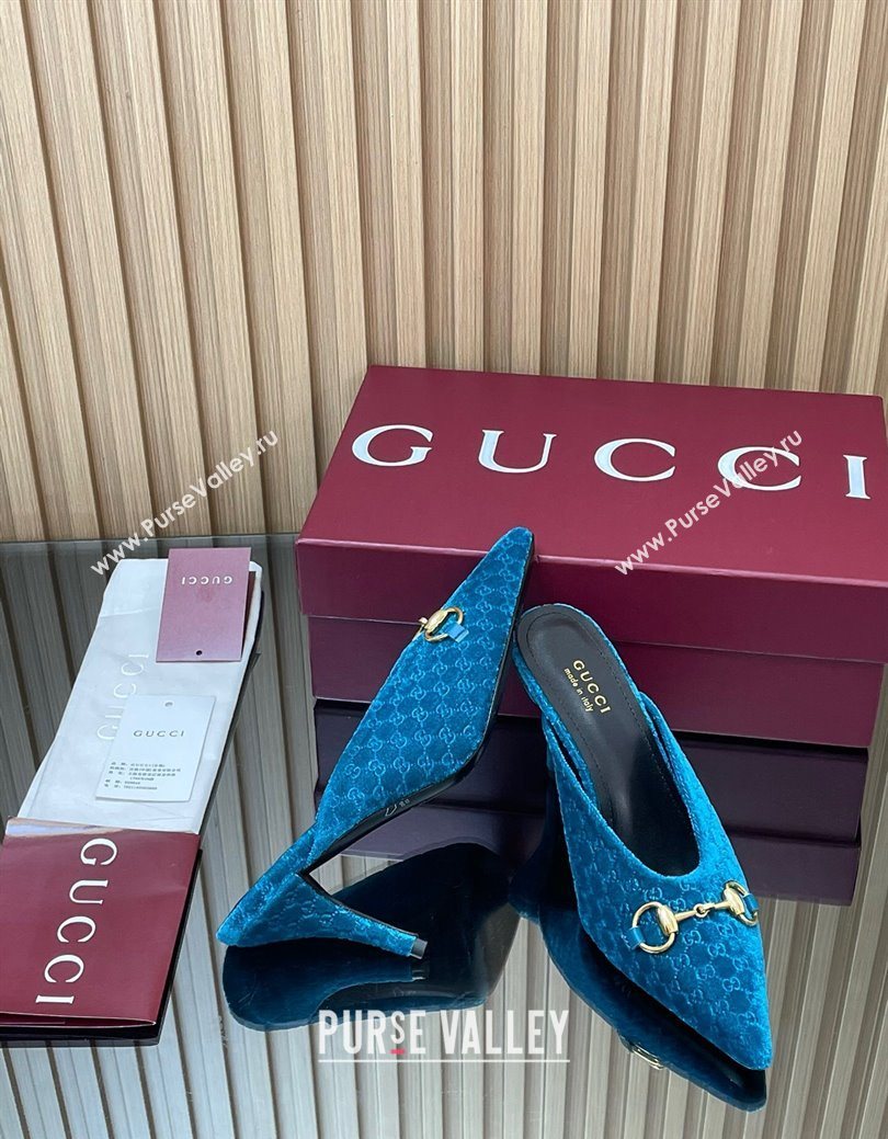 Gucci GG Velvet Heel Mules 8.5cm with Horsebit Blue 2025 ‎835739 (MD-250828061)
