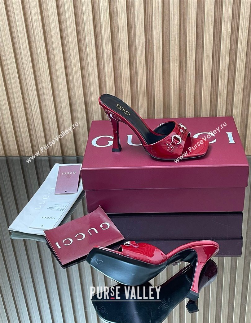 Gucci Patent Leather Heel Slides Sandal 9.5cm with Horsebit Ancora Red 2025 832468 (SS-250828137)