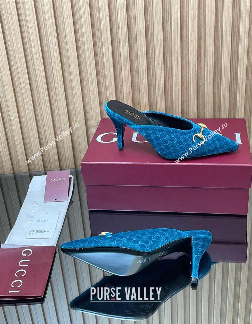 Gucci GG Velvet Heel Mules 8.5cm with Horsebit Blue 2025 ‎835739 (MD-250828061)