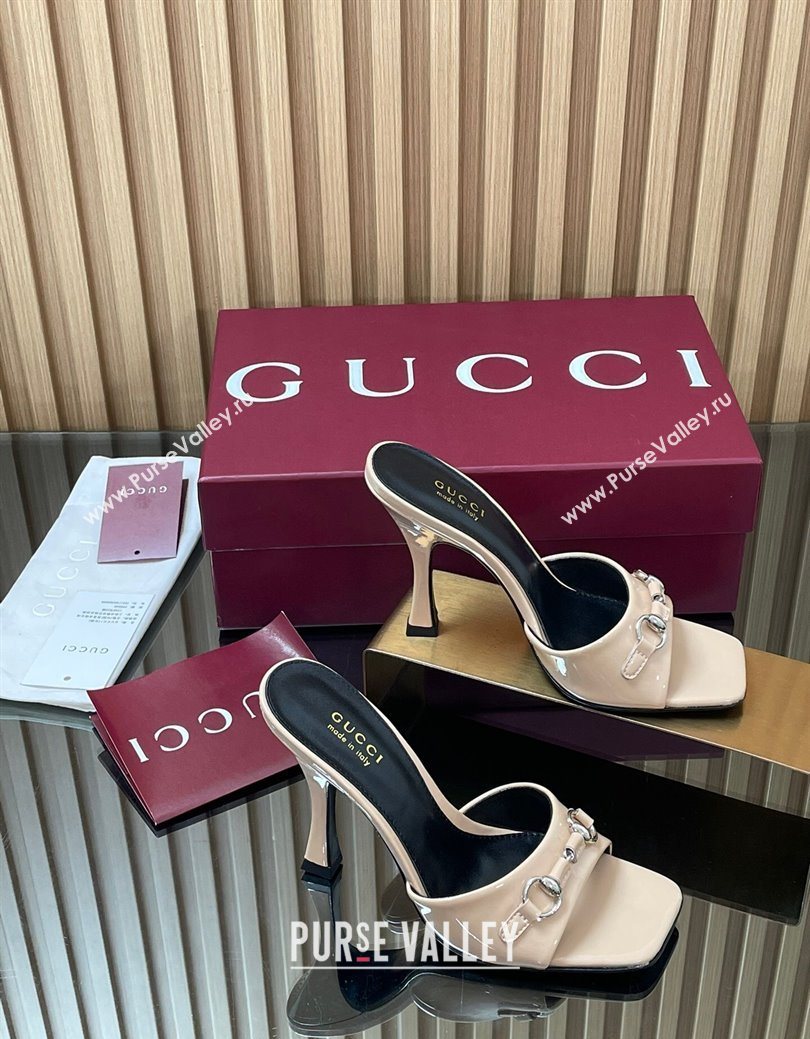 Gucci Patent Leather Heel Slides Sandal 9.5cm with Horsebit Nude 2025 832468 (SS-250828140)