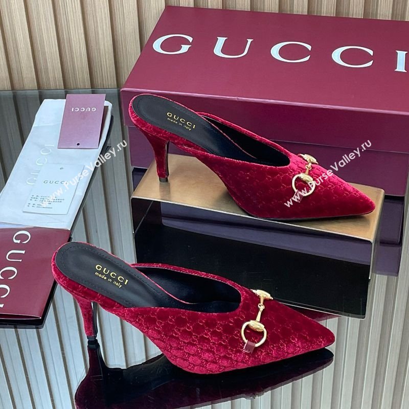 Gucci GG Velvet Heel Mules 8.5cm with Horsebit Red 2025 ‎835739 (MD-250828062)